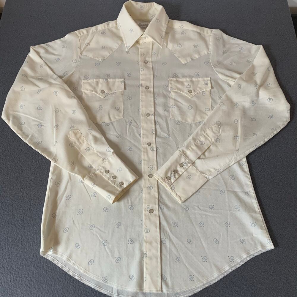 Vintage Mustang Pearl Snap Western Ranch Shirt Long Sleeve Ivory M/L ?